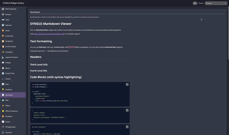 The widget_gallery_mss example running natively — MarkdownView with syntax highlighting