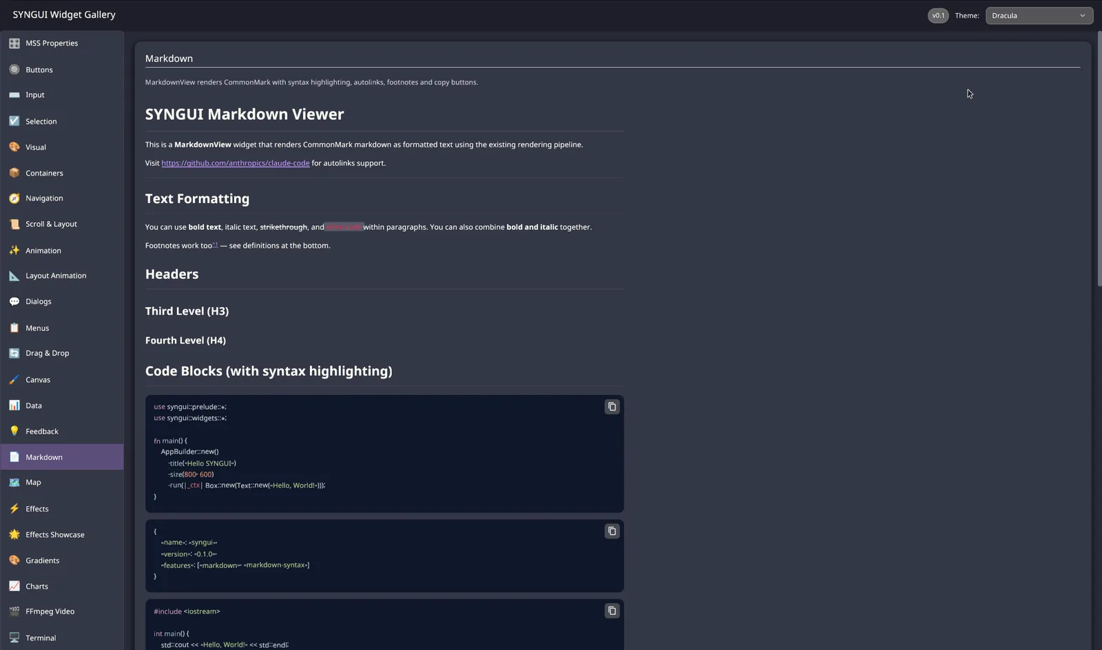 Пример widget_gallery_mss в нативном окне — MarkdownView с подсветкой синтаксиса