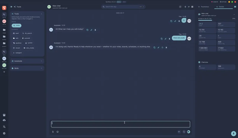 synaptix at work inside synthos: tok/s, prefill time and the prefix-KV share of a chat turn