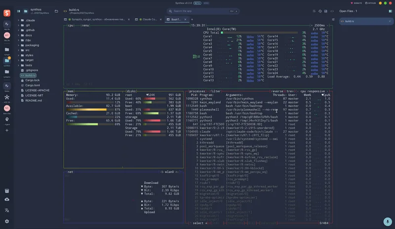 На syngui: встроенный терминал с btop внутри synthos