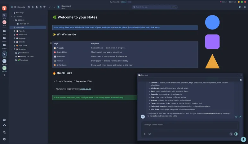 synthos: a notes workspace built by the agent, with the chat torn off into a floating window