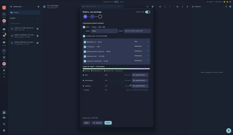 Упаковка бандла .syn: компоненты, вспомогательные файлы и точность для каждой группы слоёв (интерфейс synthos)